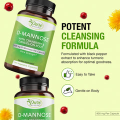 Cranberry juice powder and dandelion extract visuals on D-Mannose packaging