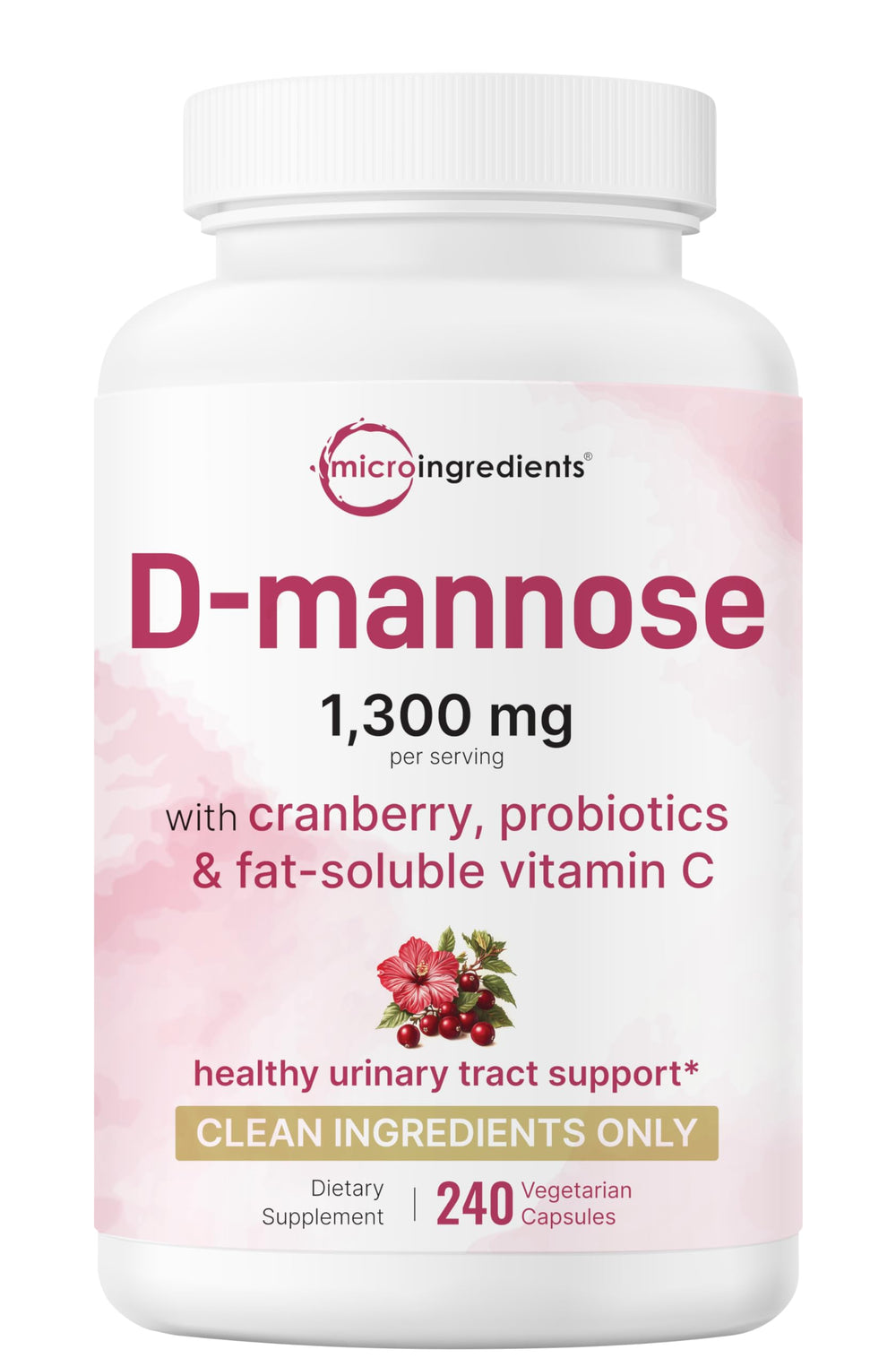 Pure D-Mannose 1300mg with Cranberry and Probiotics in vegetarian capsules