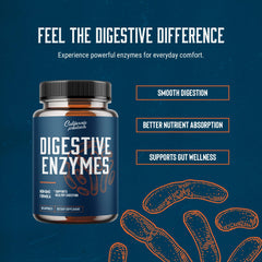 Bottle of digestive enzyme capsules on white background
