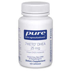 Bottle of Pure Encapsulations 7-Keto DHEA 25 mg on white background