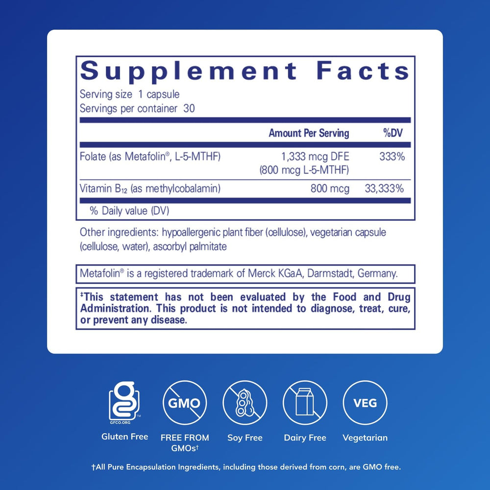 Pure Encapsulations B12 Folate capsules close-up shows small, easy-to-swallow capsules.