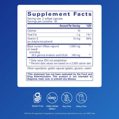 Pure Encapsulations black currant seed oil softgel capsules close-up, premium hypoallergenic formula.