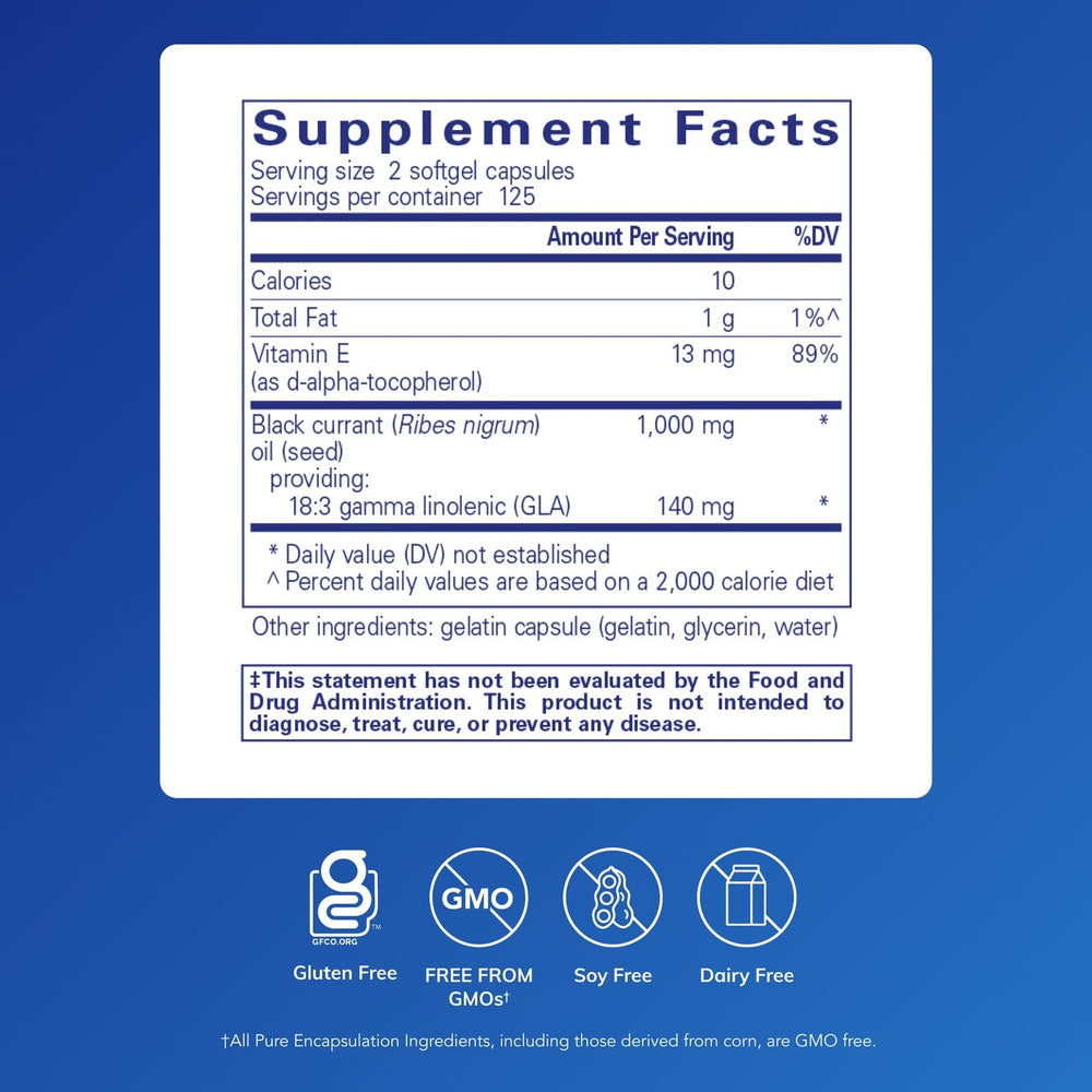 Pure Encapsulations Black Currant Seed Oil softgels closeup highlighting potential immune support.