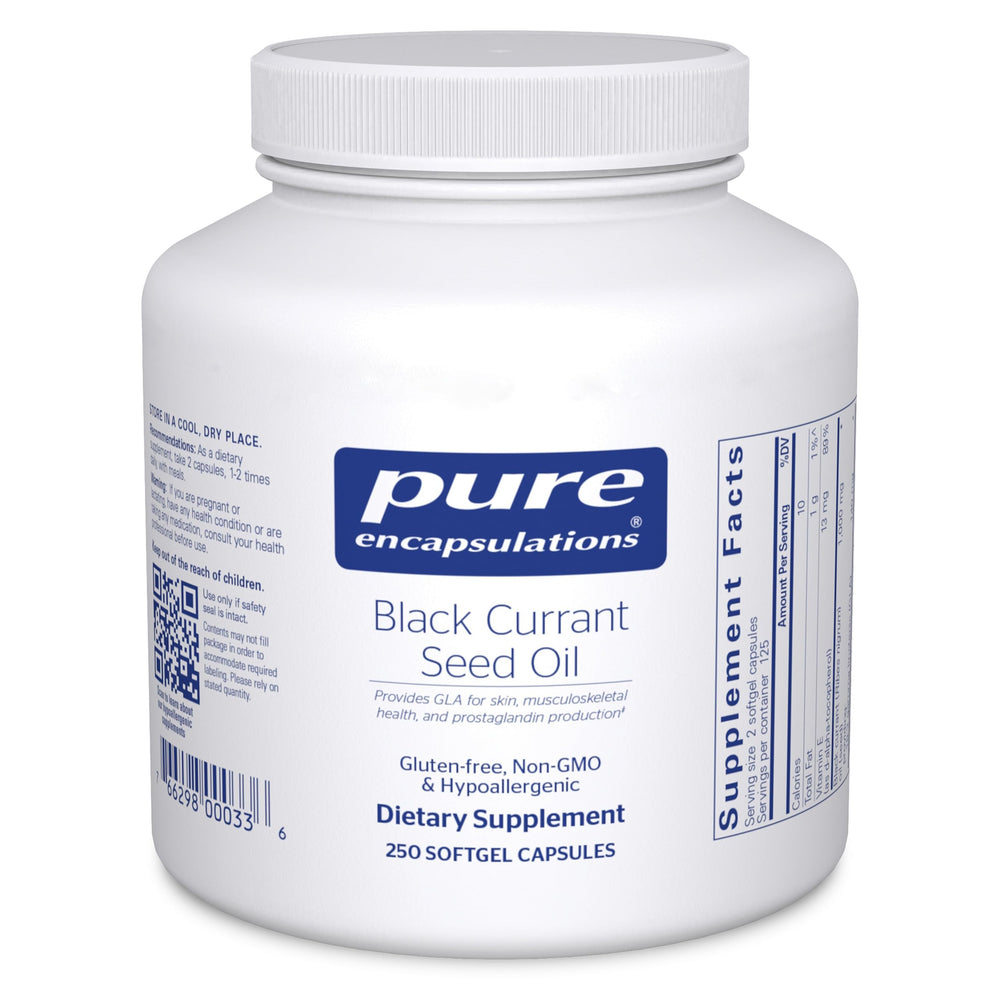 Pure Encapsulations Black Currant Seed Oil softgel bottle front label with hypoallergenic formula.