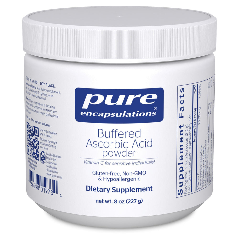 Pure Encapsulations Buffered Ascorbic Acid Powder bottle label highlights gentle, stomach-friendly vitamin C.