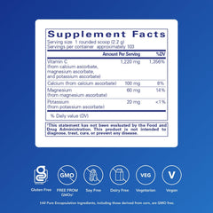 Pure Encapsulations Buffered Ascorbic Acid Powder with scoop shows neutral-pH vitamin C for sensitive users.