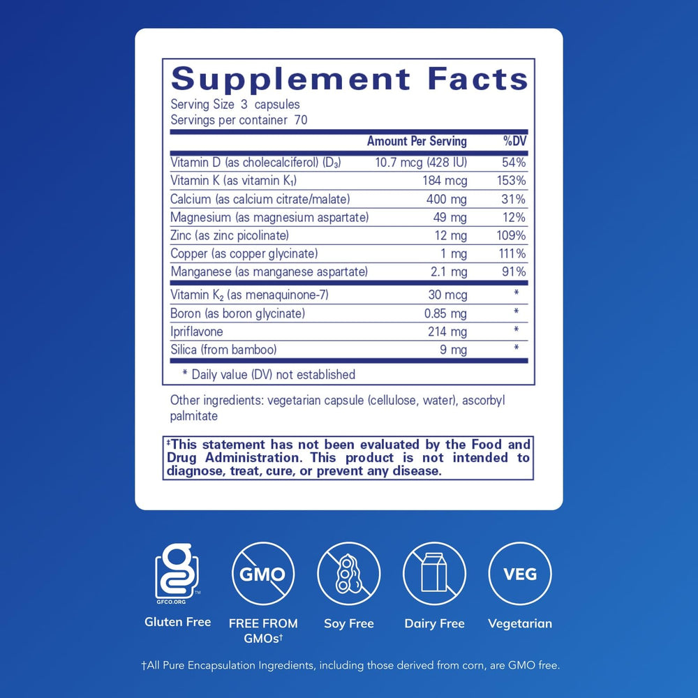 Close-up of Pure Encapsulations +Cal+ with Ipriflavon bottle label