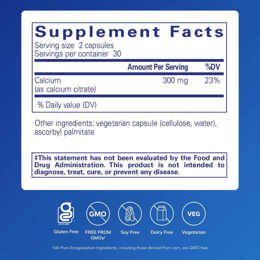 Close-up view of the product label for Pure Encapsulations Calcium (Citrate)