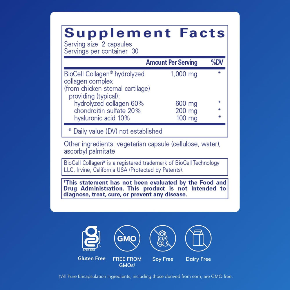 Close-up of hydrolyzed BioCell Collagen capsules for joint and skin health