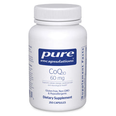 Bottle of Pure Encapsulations CoQ10 60 mg on a white background