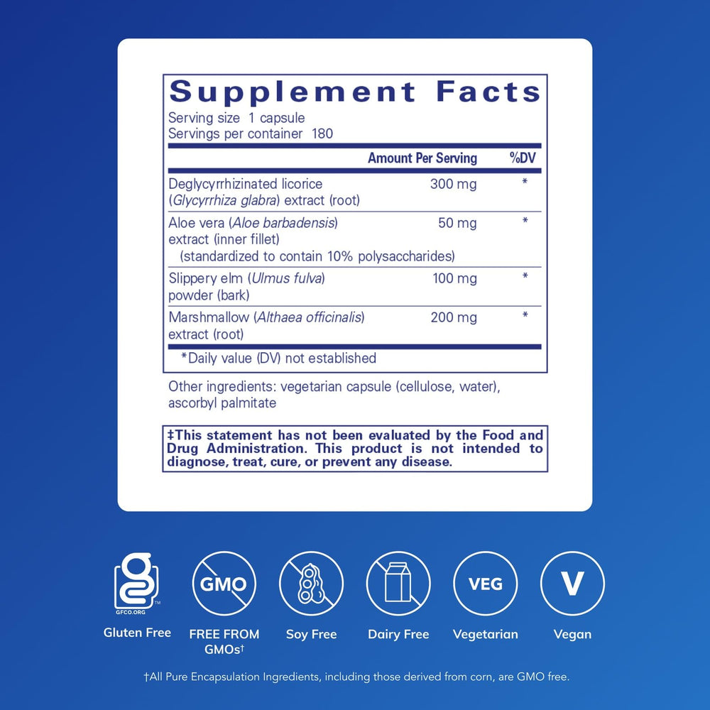 Close-up of DGL Plus ingredients including DGL, aloe vera, marshmallow root