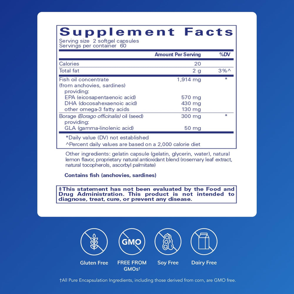 Pure Encapsulations EFA Essentials softgels close-up; triglyceride-form fish oil and GLA blend may support joints.