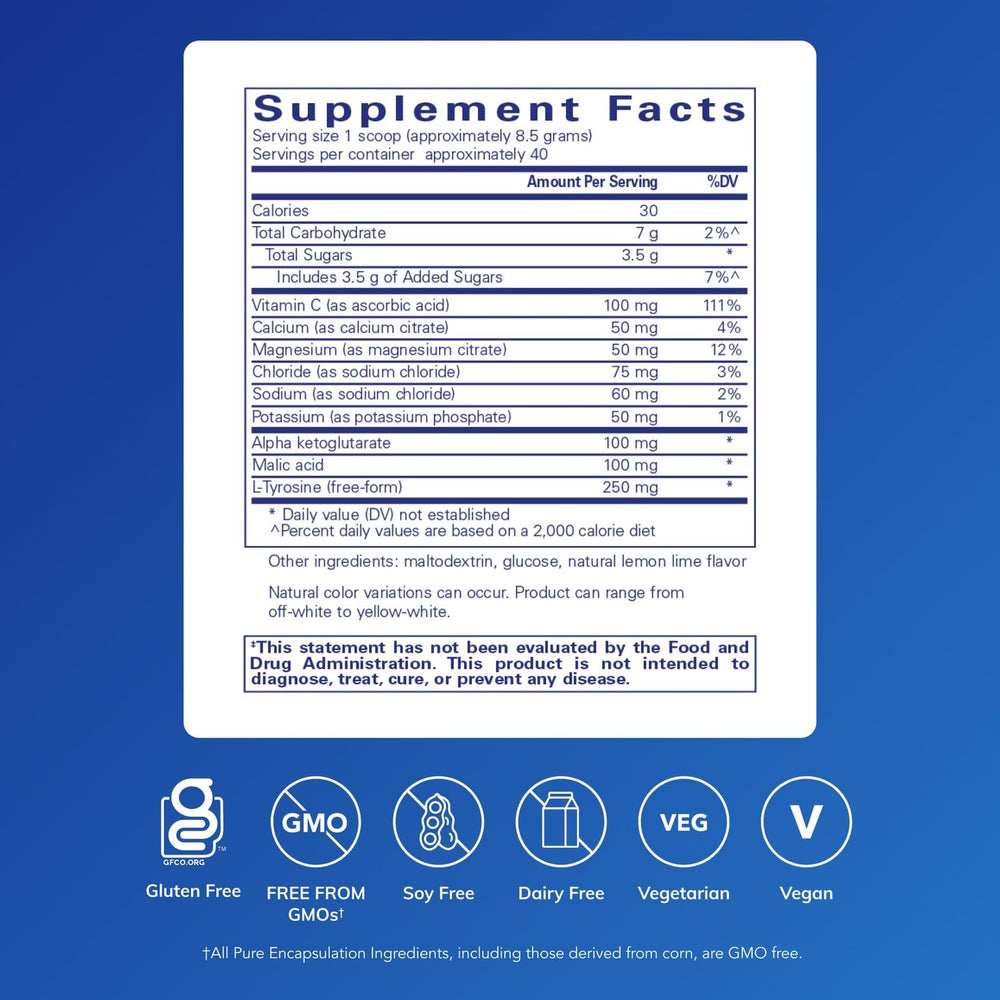 Pure Encapsulations Electrolyte/Energy label closeup highlights purity and ingredients.