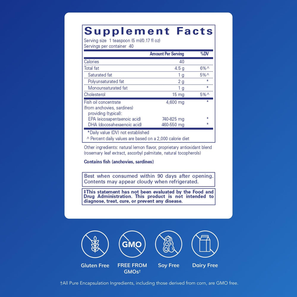 Pure Encapsulations EPA/DHA Liquid bottle pour suggests easy daily intake