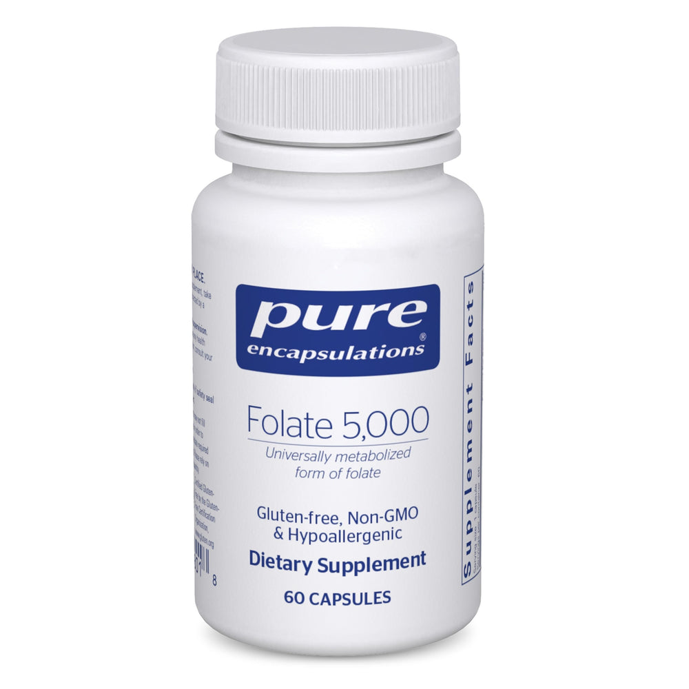 Bottle of Pure Encapsulations Folate 5,000 (60 capsules) against white background