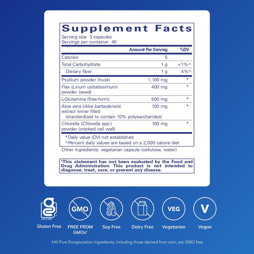 Pure Encapsulations G.I. Fortify label close-up featuring soluble fiber for colon health.
