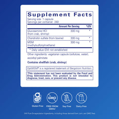 Capsule close-up showing 300 mg glucosamine HCl and 300 mg chondroitin sulfate