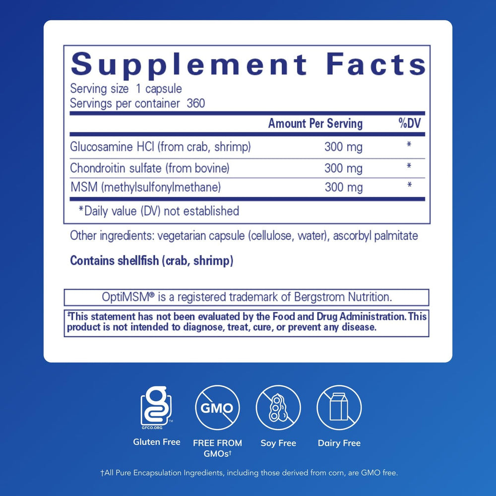 Close-up of a capsule showing glucosamine HCl and chondroitin sulfate per capsule