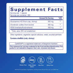 Close-up of a capsule showing glucosamine HCl and chondroitin sulfate per capsule
