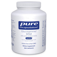 Pure Encapsulations Glucosamine MSM bottle showing joint support and cartilage health benefits