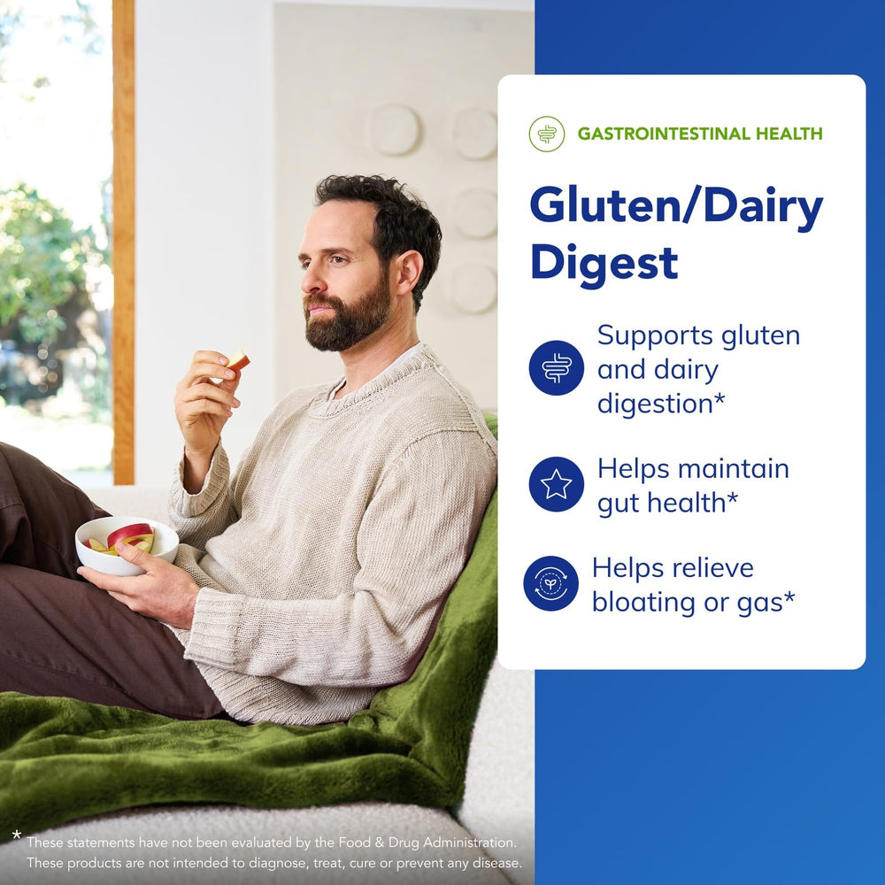 Close-up of Gluten/Dairy Digest capsules and packaging