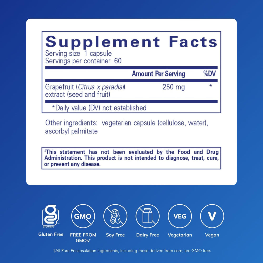 Close-up of Grapefruit Seed Extract bottle label from Pure Encapsulations