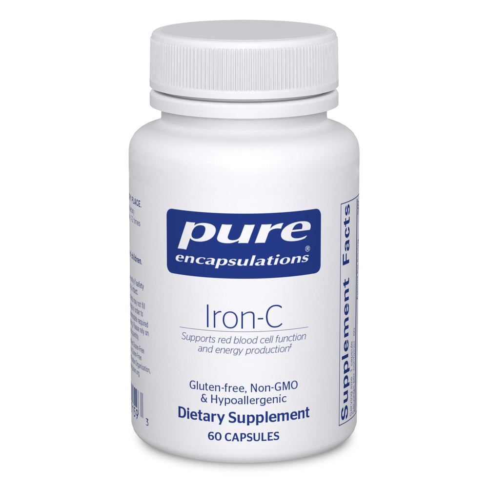 Pure Encapsulations Iron-C bottle front with vegan, gluten-free capsules.