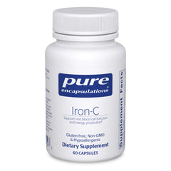 Pure Encapsulations Iron-C bottle front with vegan, gluten-free capsules.
