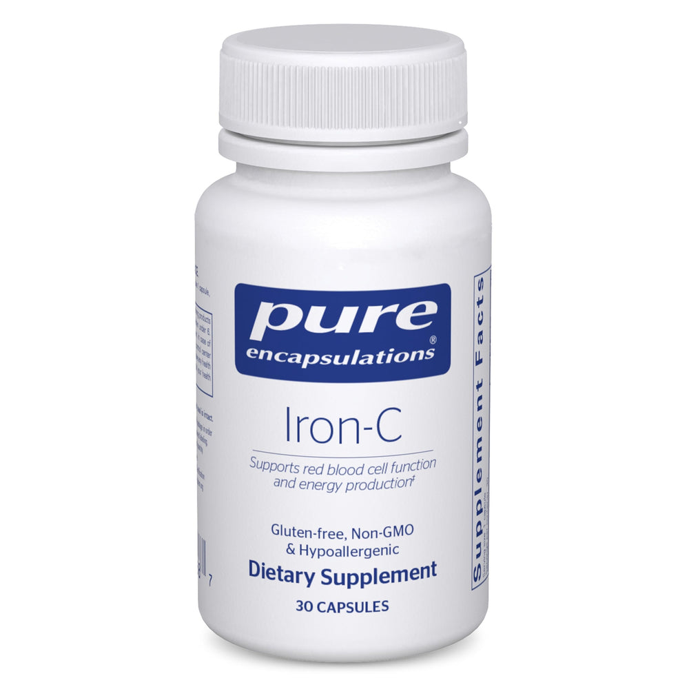 Pure Encapsulations Iron-C bottle highlights highly bioavailable iron for daily energy support.