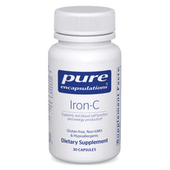 Pure Encapsulations Iron-C bottle highlights highly bioavailable iron for daily energy support.
