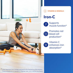 Close-up of Iron-C label emphasizes gluten-free and vegan formula.