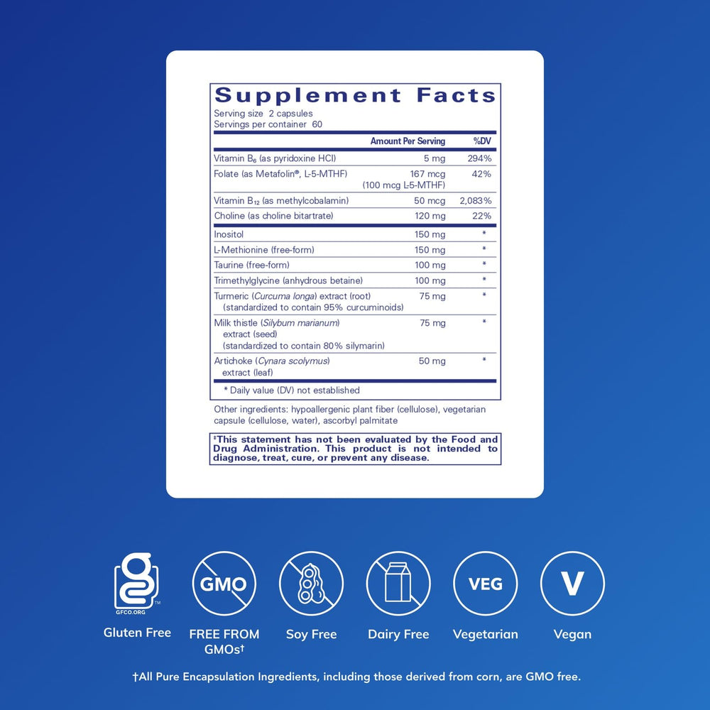 Pure Encapsulations Lipotropic Detox label close-up emphasizes hypoallergenic ingredients