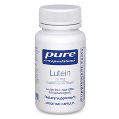 Pure Encapsulations Lutein 20 mg bottle for eye health support and antioxidant protection.