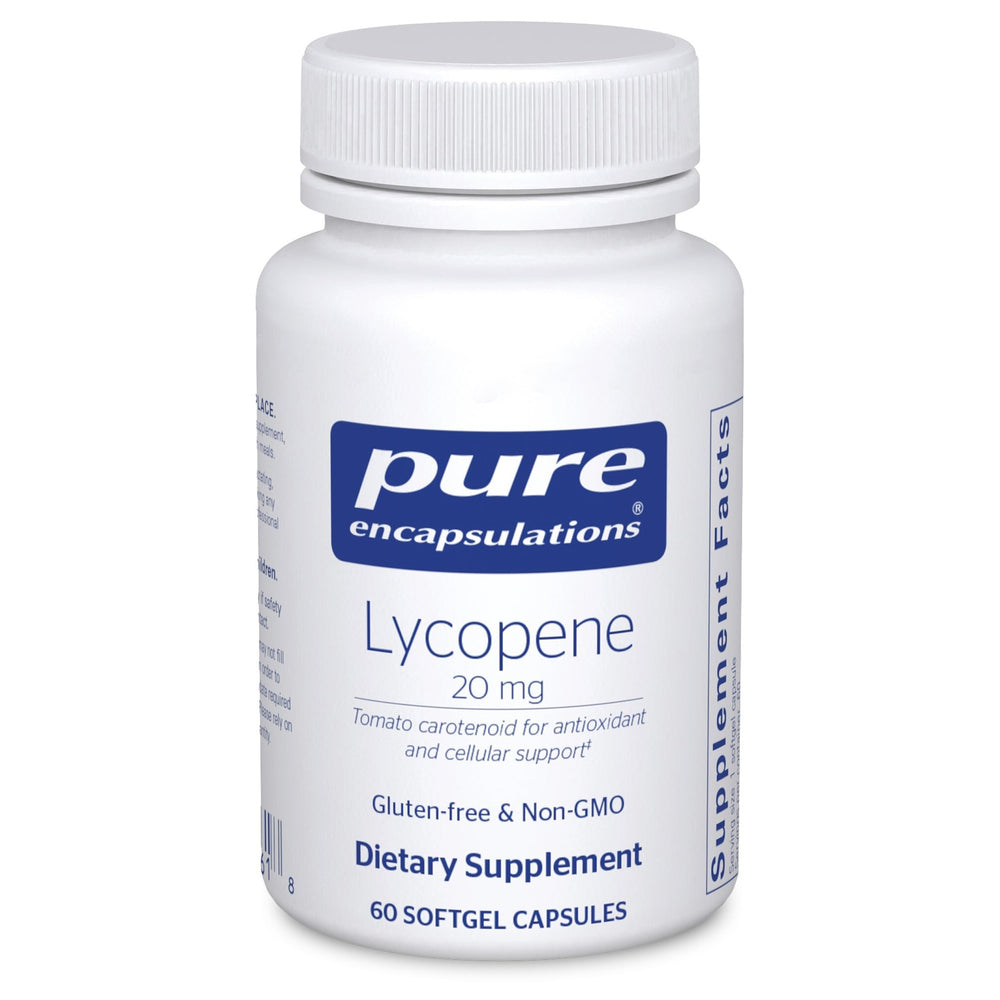 Pure Encapsulations Lycopene 20 mg bottle highlights antioxidant support from tomato extract