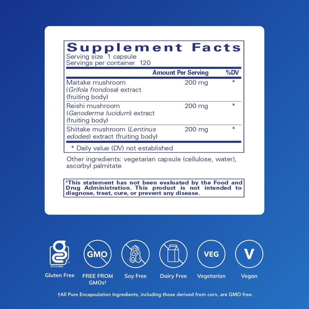 Pure Encapsulations M/R/S Mushroom Formula capsules closeup highlighting hypoallergenic supplement form.