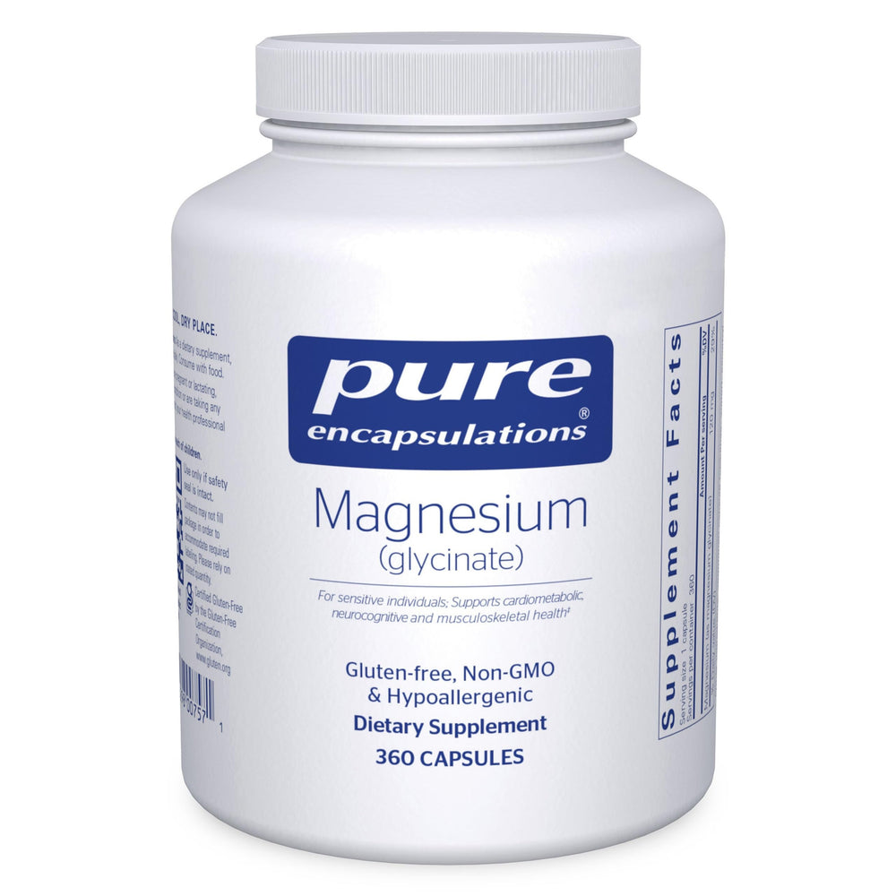 Pure Encapsulations Magnesium Glycinate bottle close-up showing purity and calm support