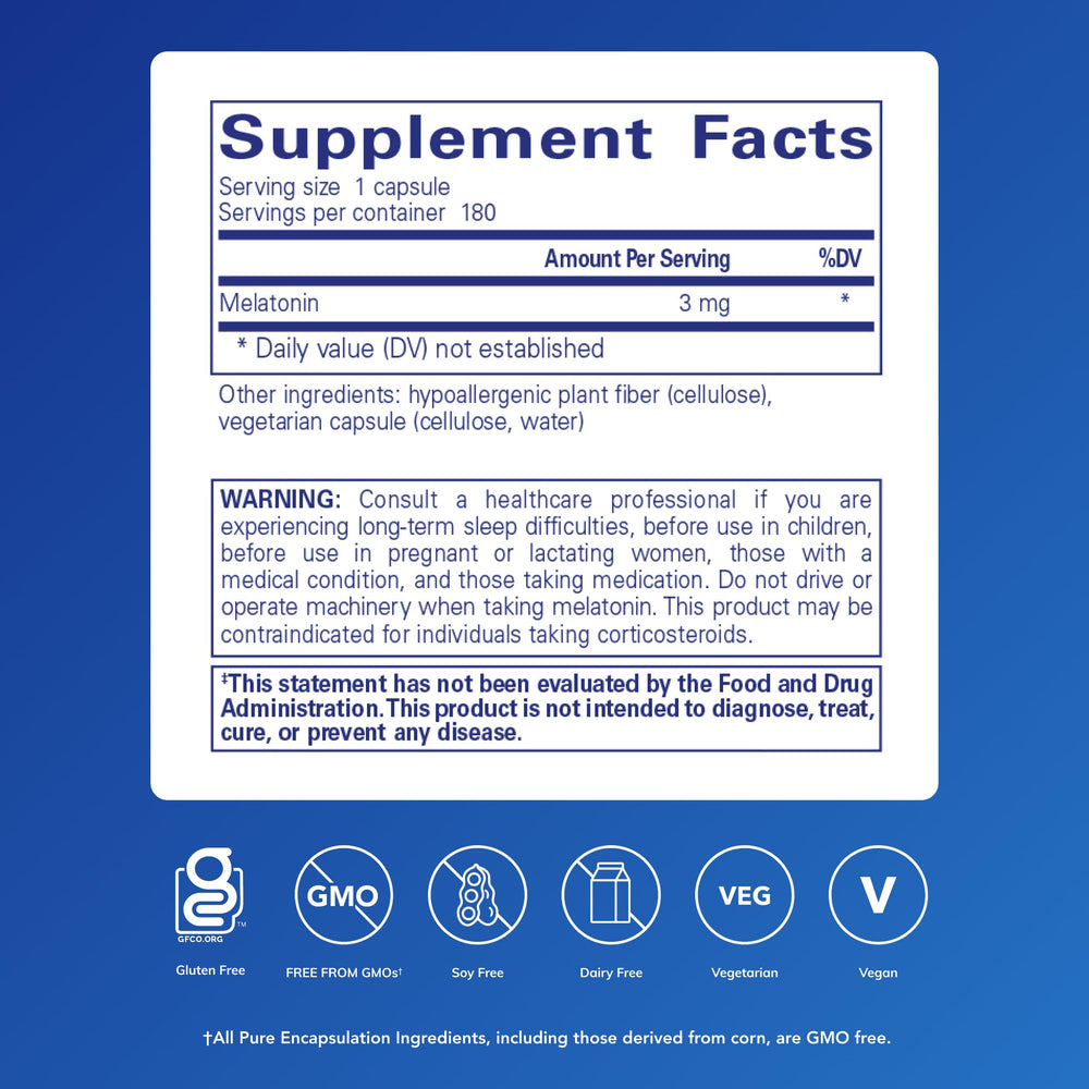 Close-up of Pure Encapsulations Melatonin 3 mg label
