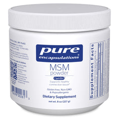 Pure Encapsulations MSM Powder bottle showing hypoallergenic formula for joint comfort and immune support