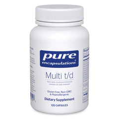 Bottle of Pure Encapsulations Multi T/D multivitamin and mineral supplement, 120 capsules