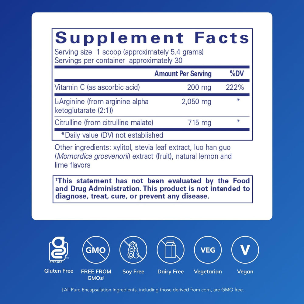 Pure Encapsulations Nitric Oxide Support label highlights clean ingredients and allergen-free benefits