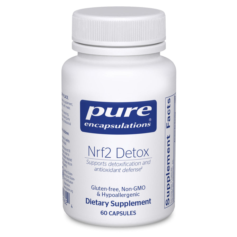 Pure Encapsulations Nrf2 Detox bottle and capsules support antioxidant defense during daily detox routines.
