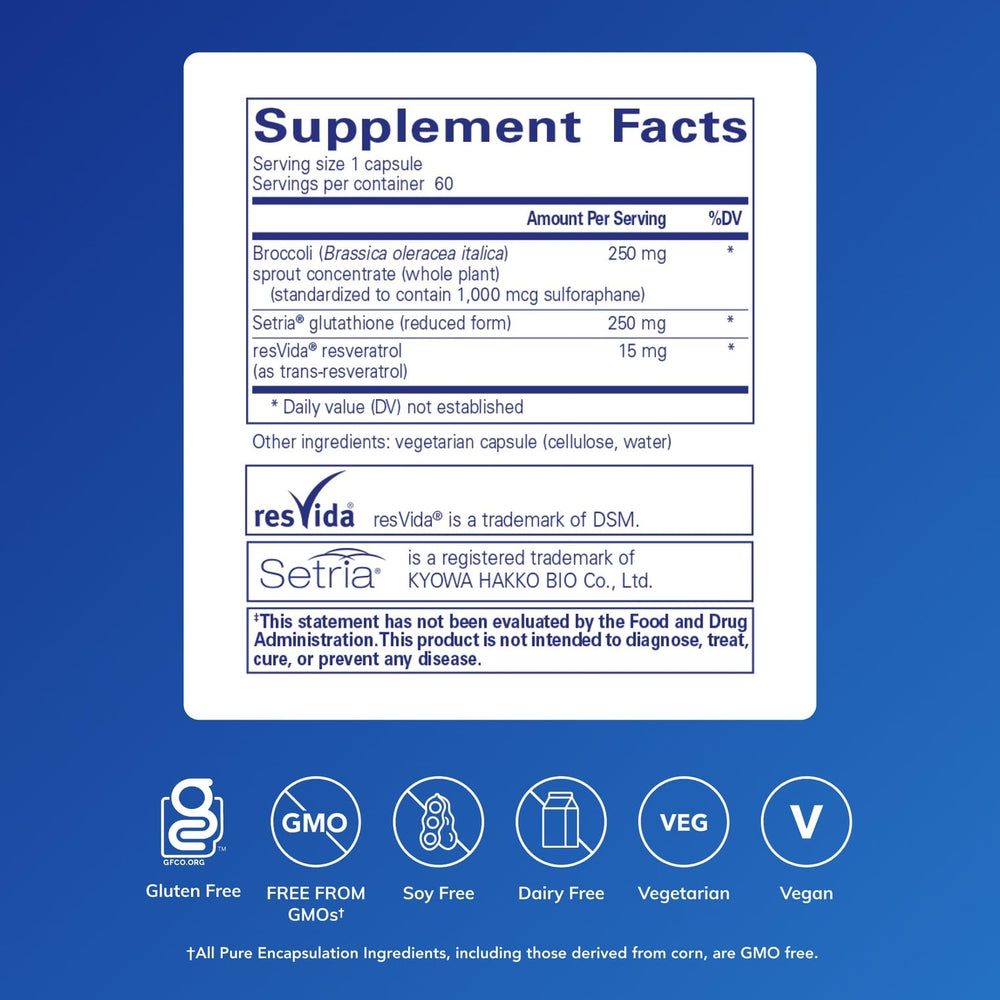Pure Encapsulations Nrf2 Detox label closeup highlights clean, impurity-free formulation for mindful wellness.