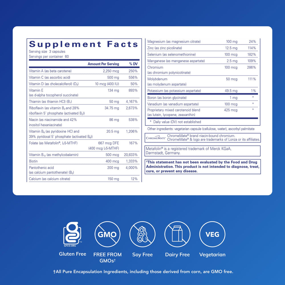 Pure Encapsulations Nutrient 950 capsules-closeup shows gentle multivitamin features.