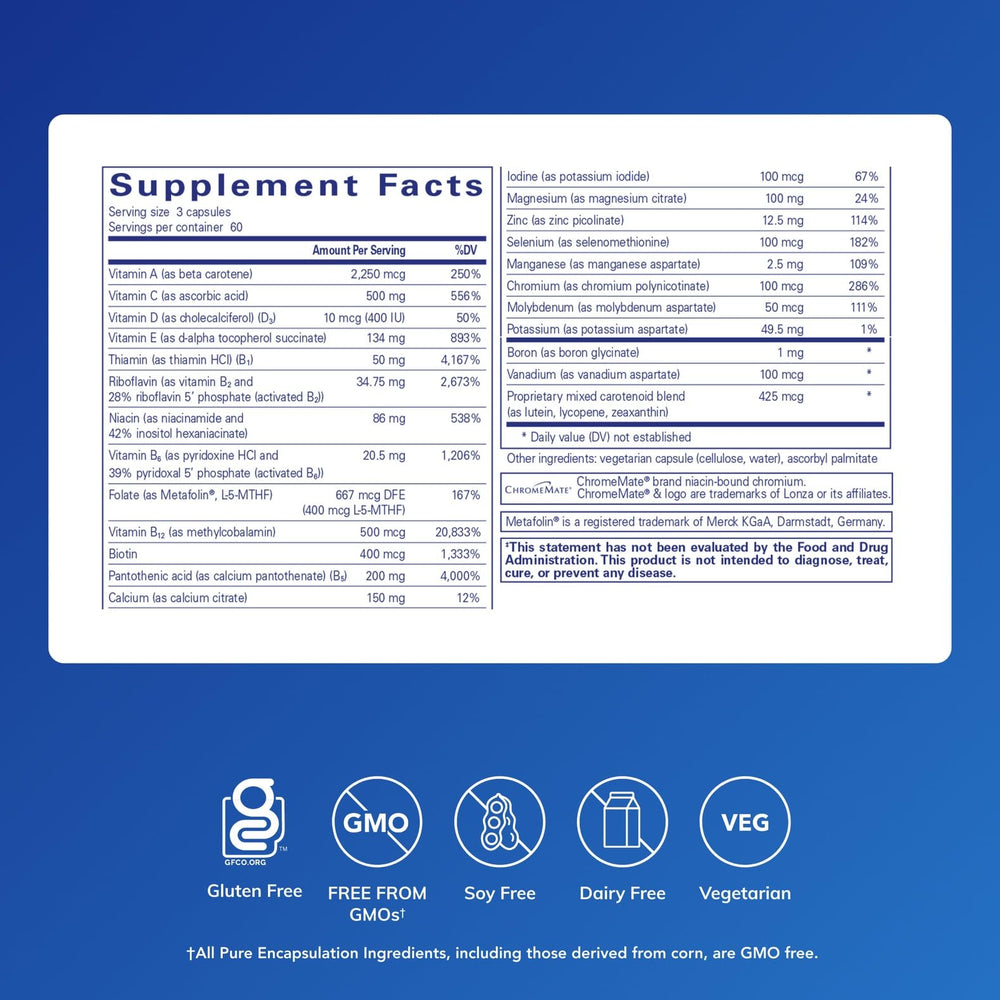Pure Encapsulations Nutrient 950 label detail showing copper and iron-free design for sensitive users