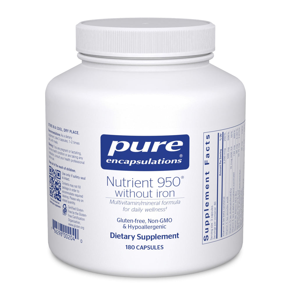 Pure Encapsulations Nutrient 950 Without Iron bottle supports daily cardiovascular health and immune function.