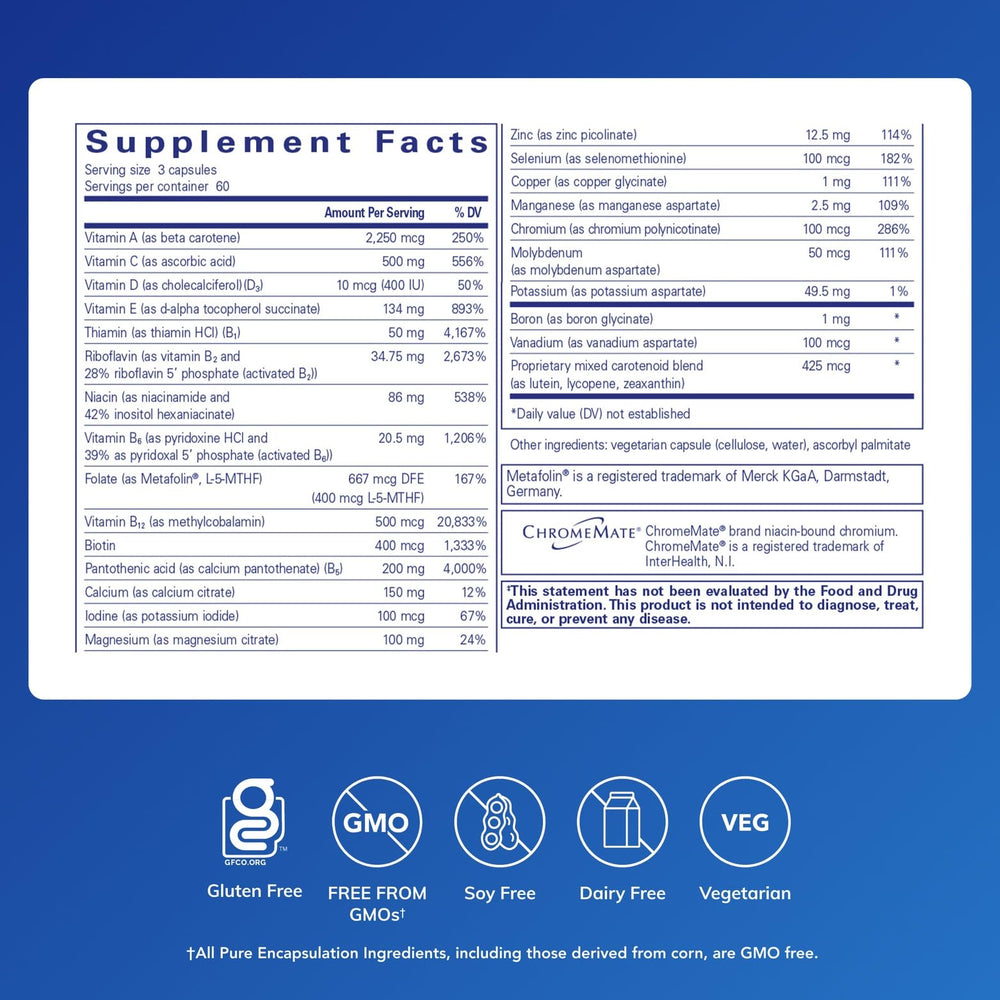 Pure Encapsulations Nutrient 950 Without Iron label closeup highlights active folate form.