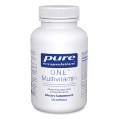 Pure Encapsulations O.N.E. Multivitamin bottle with capsules on white background