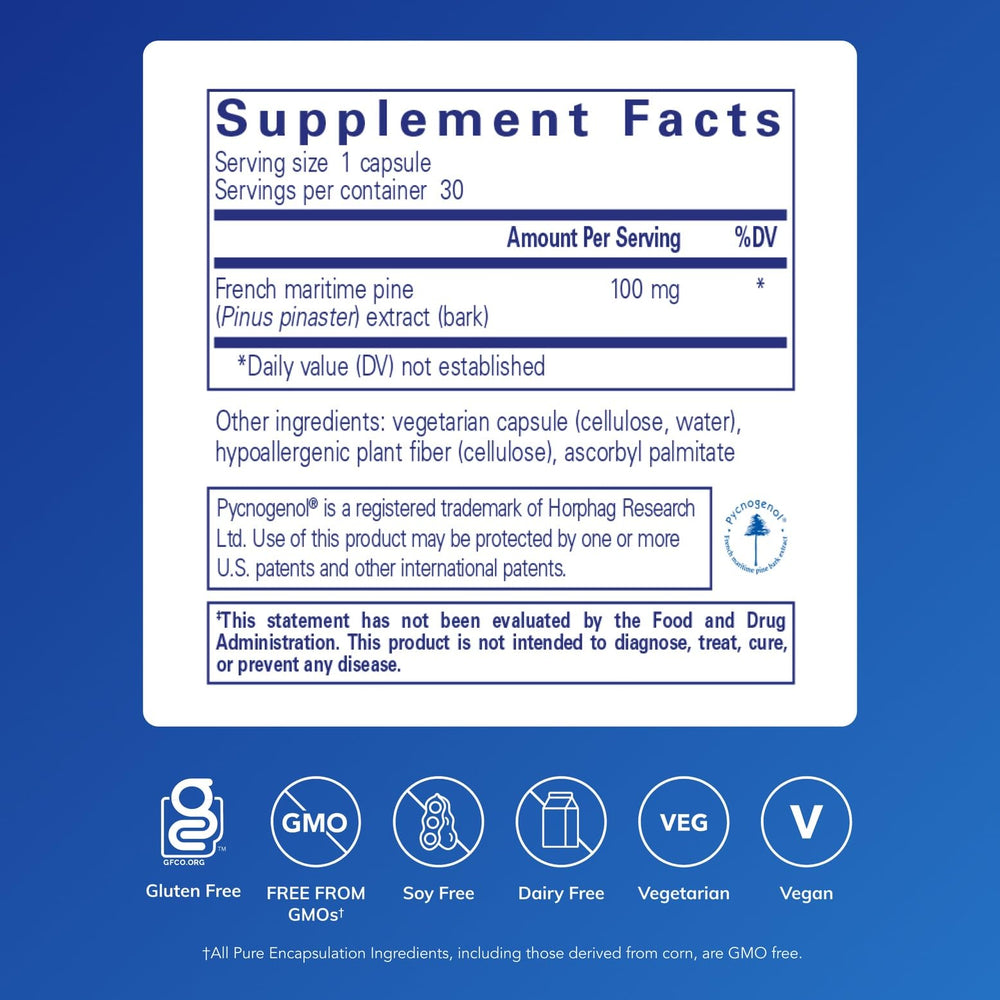 Close-up of Pycnogenol 100 mg bottle label