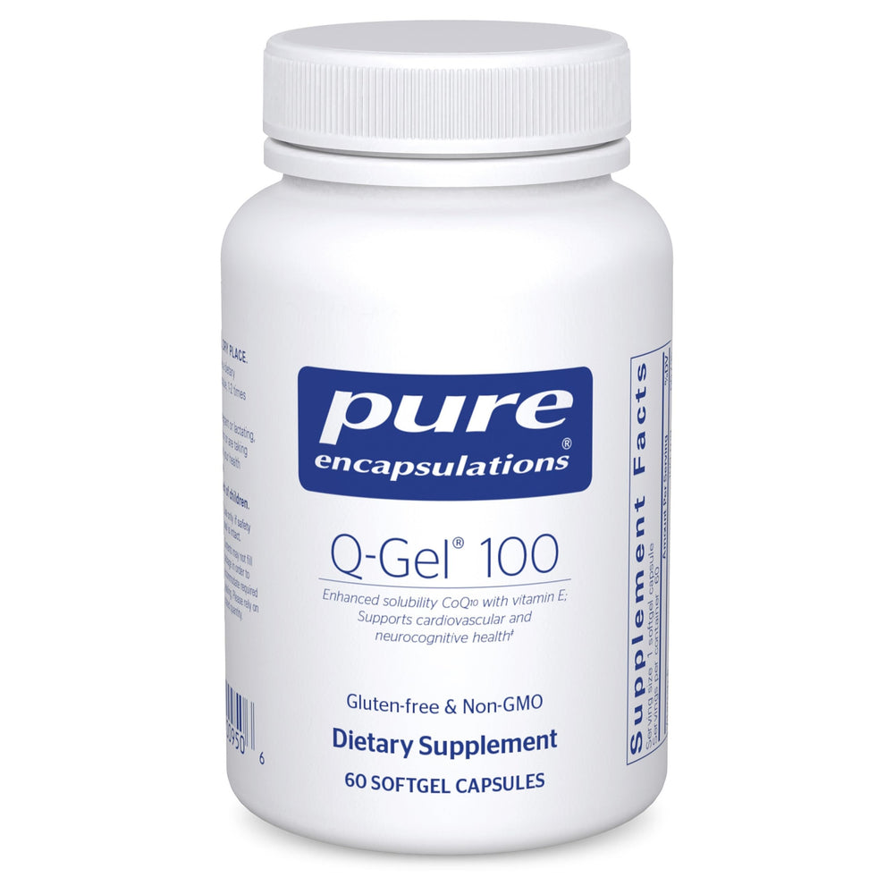 Front view of Pure Encapsulations Q-Gel 100 Hydrosoluble CoQ10 bottle