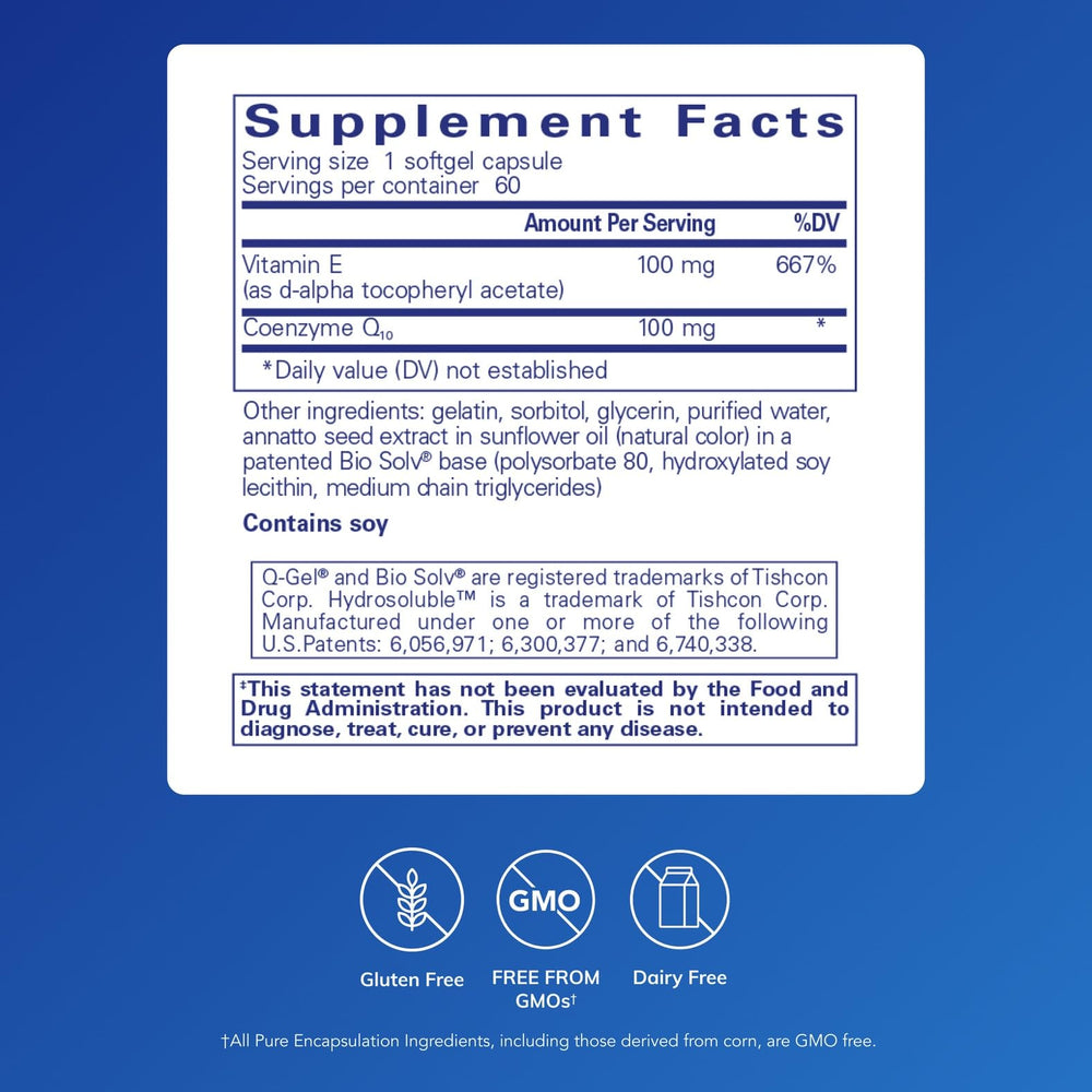 Close-up of Q-Gel 100 bottle label with CoQ10 and Vitamin E mention